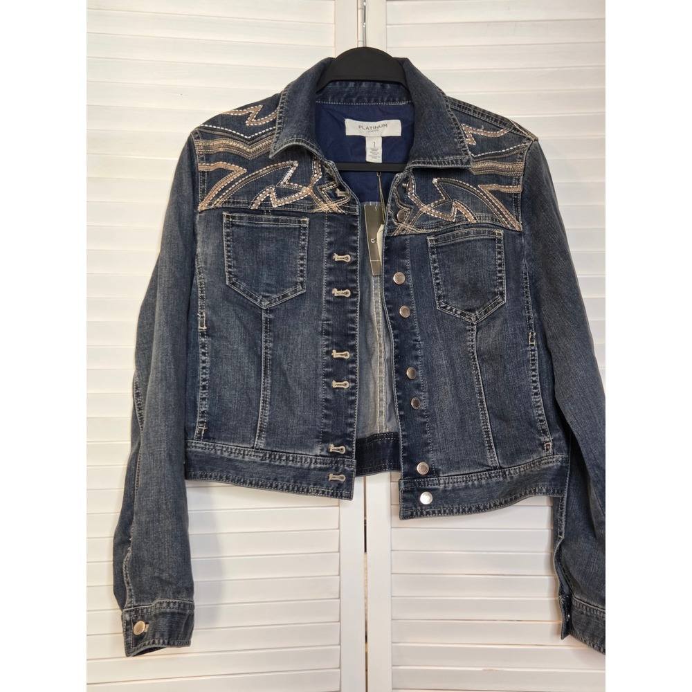 Chico's Platinum Denim Jacket 1 Blue Bird Sequin Embroidered 570106306 NWT